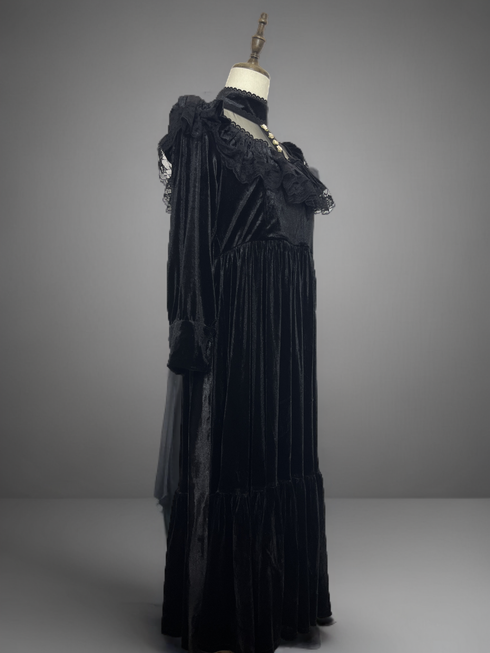 Gothic Black Velvet Dress Long Sleeve s with Floral Accents - Victorian Style Dress with Lace Accents Plus Size